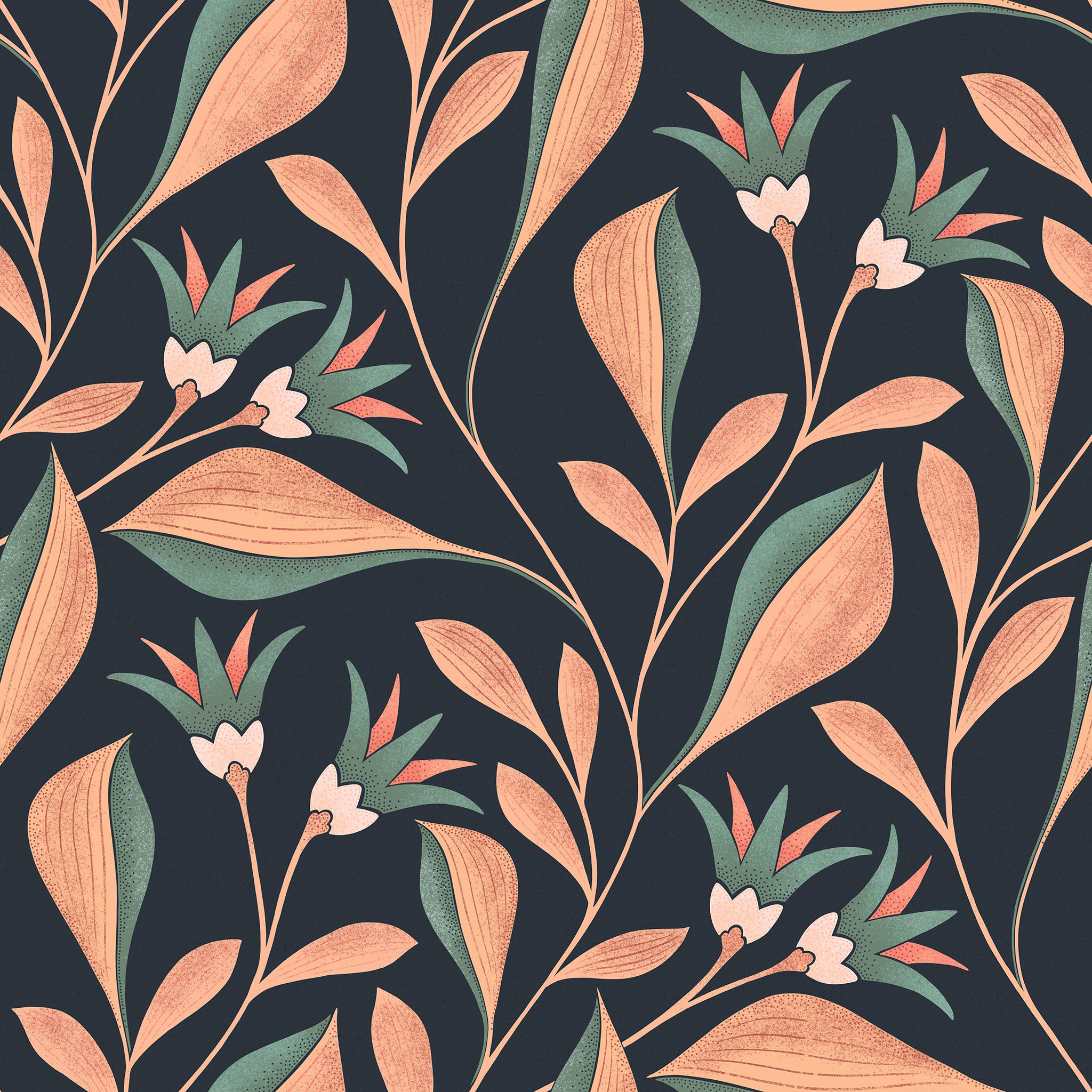 Floral pattern with leaves and flowers on a dark background